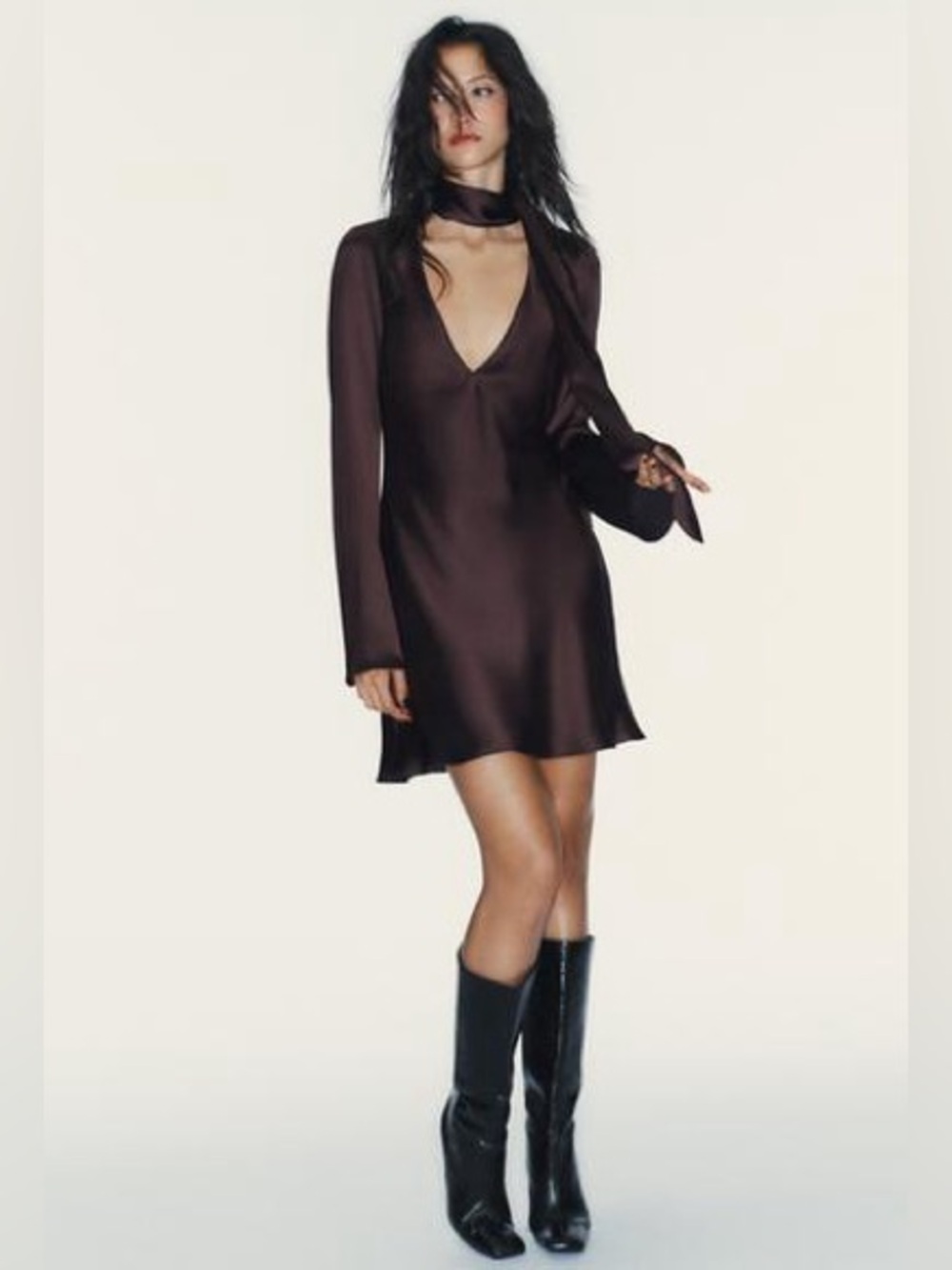 NWT. Zara Brown Satin Effect Long Sleeves Mini Dress with Scarf. Size XS.
